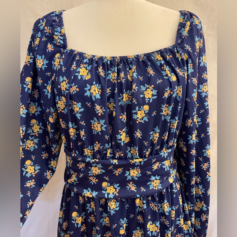 A-line Puff Sleeve Dress Blue Flowery Size XXL - Picture 3 of 13
